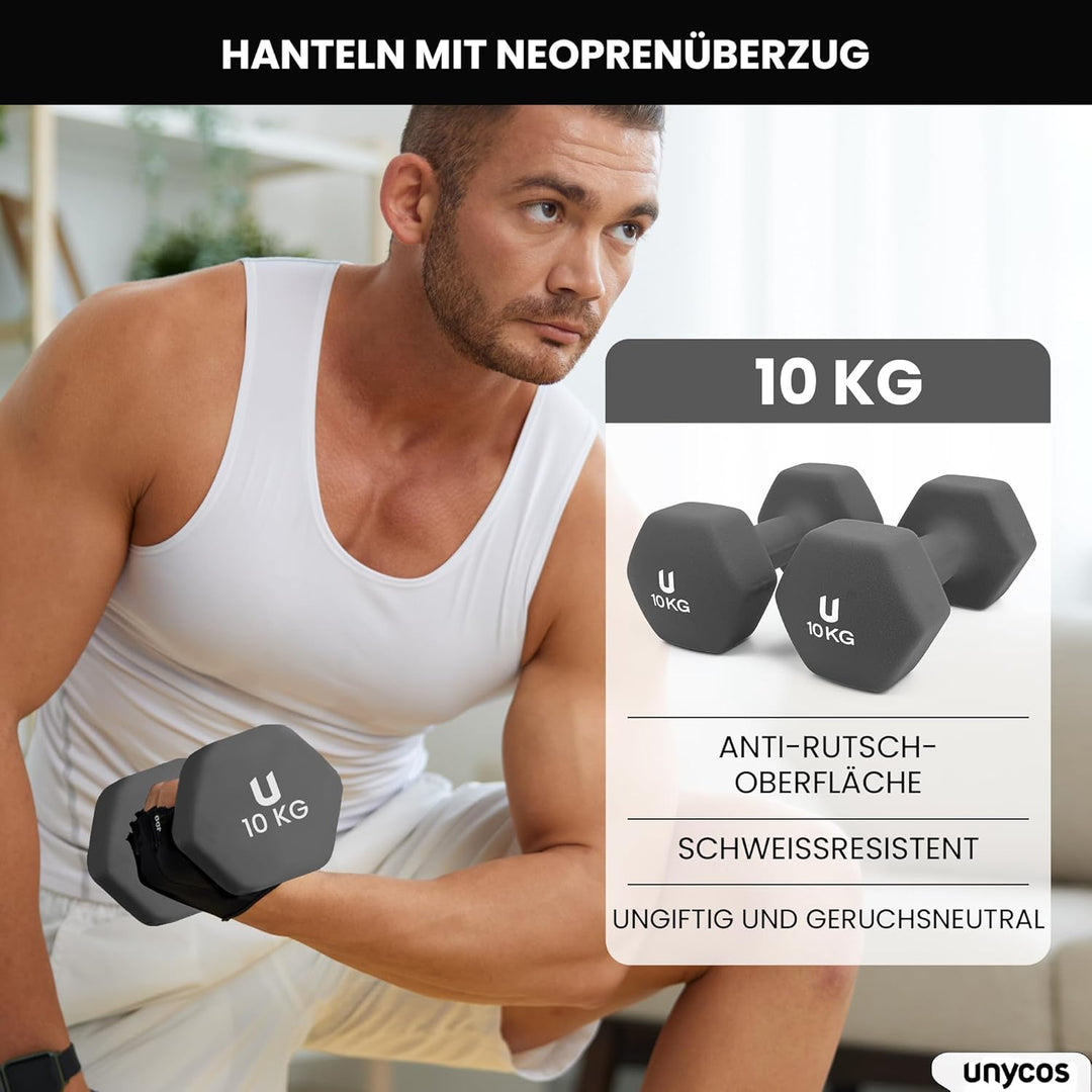 unycos - Neopren Hanteln, Kurzhanteln 2er Set von 1-10 kg für Männer und Frauen, Rutschfest, Anti-Ro