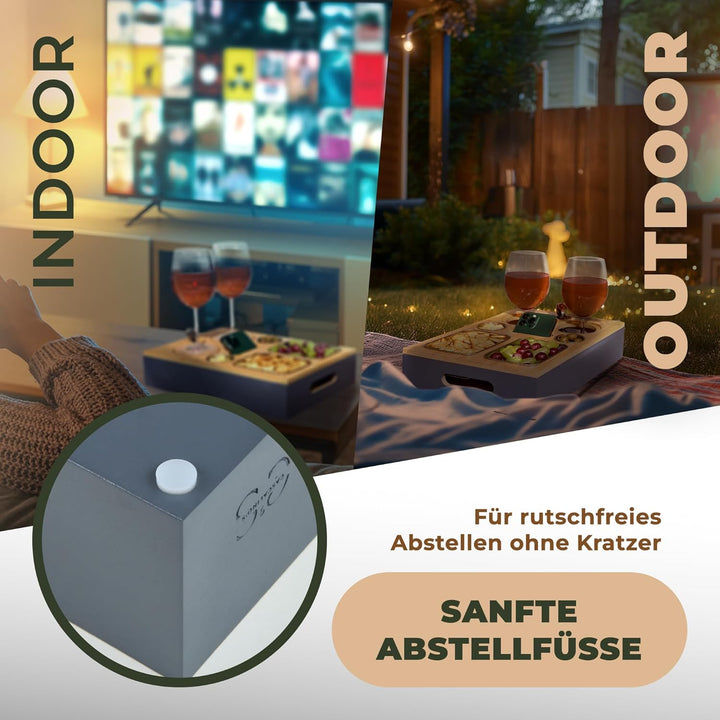 Cascalino's® Couchbar Snackbox mit 2+2 Snackschalen aus Edelstahl - Sofatablett aus Holz | Sofa Orga