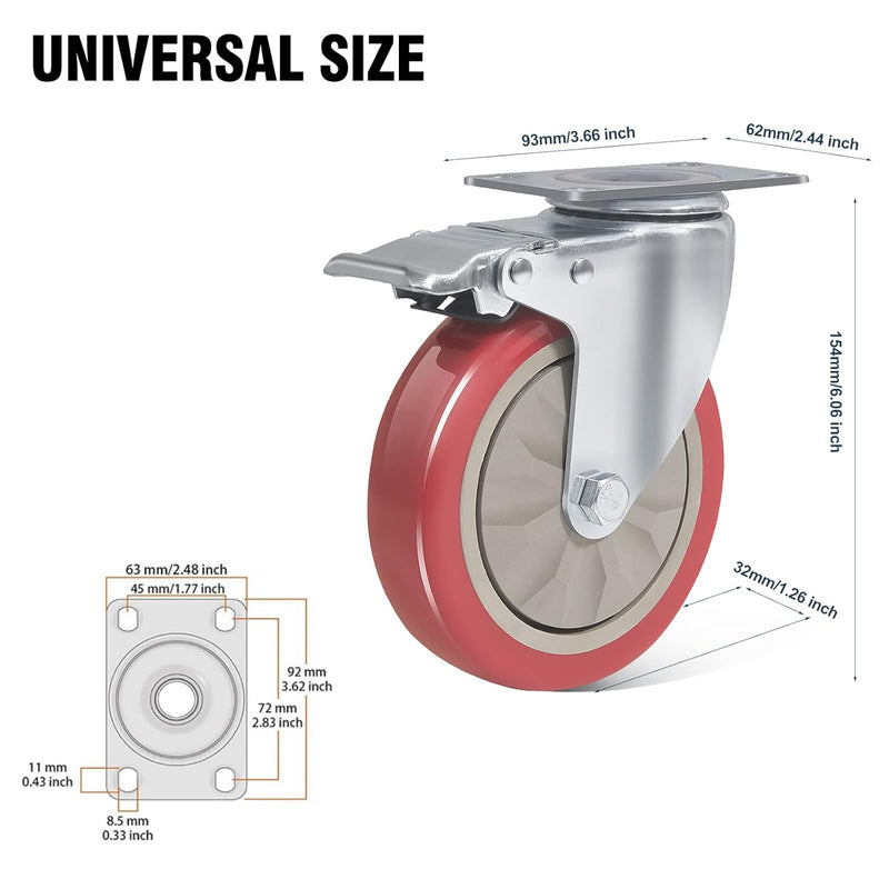 BAOLIHUI 4er Set Lenkrollen für Möbel 125MM Möbelrollen mit Bremse Schwerlastrollen 800kg Rot Rollen