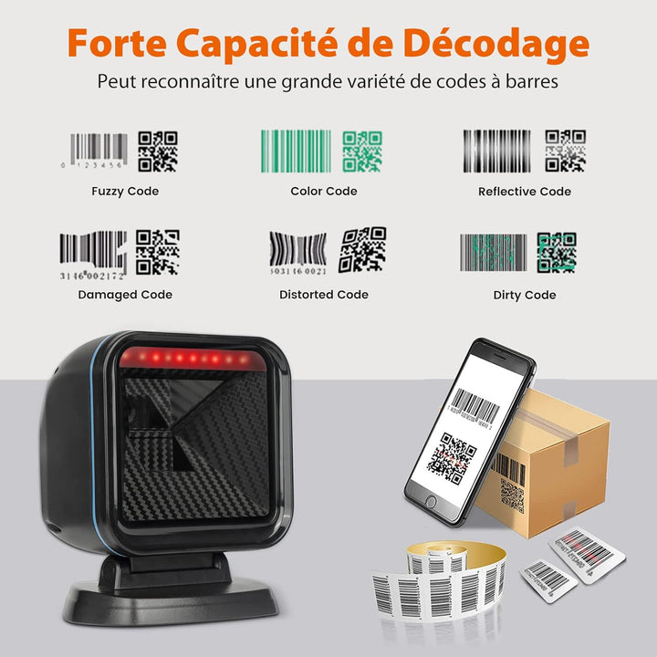 OBZ Desktop Barcode Scanner USB, QR Code Scanner mit Weitwinkel, Automatischer Hands-Free Scanner fü