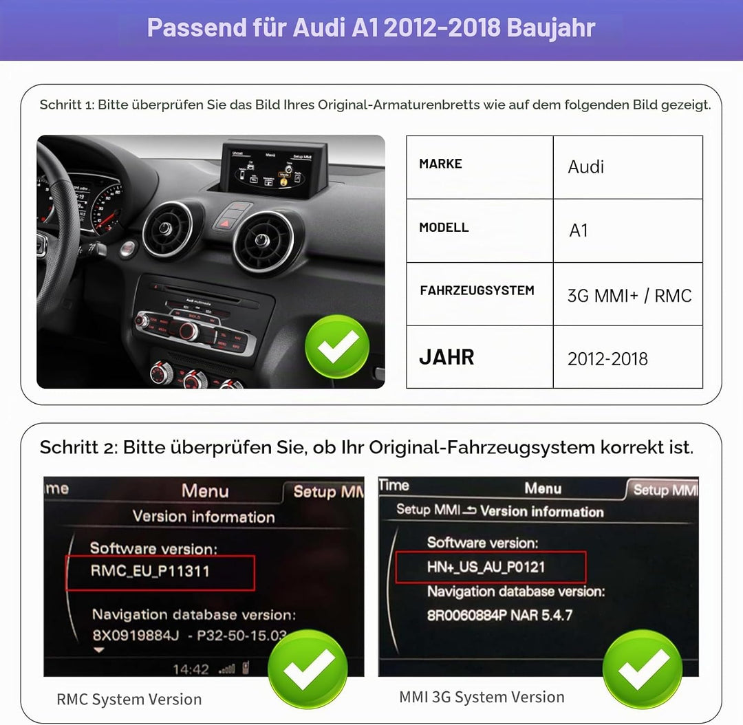 Road Top 12,3 Zoll Ultraschmaler Autoradio CarPlay für Audi A1 (2012-2018) | Linux HD Touchscreen, W