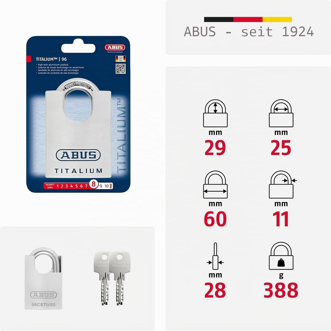 ABUS Titalium Vorhängeschloss 96CSTI/60 - leichter Schlosskörper aus massivem Spezial-Aluminium - mi