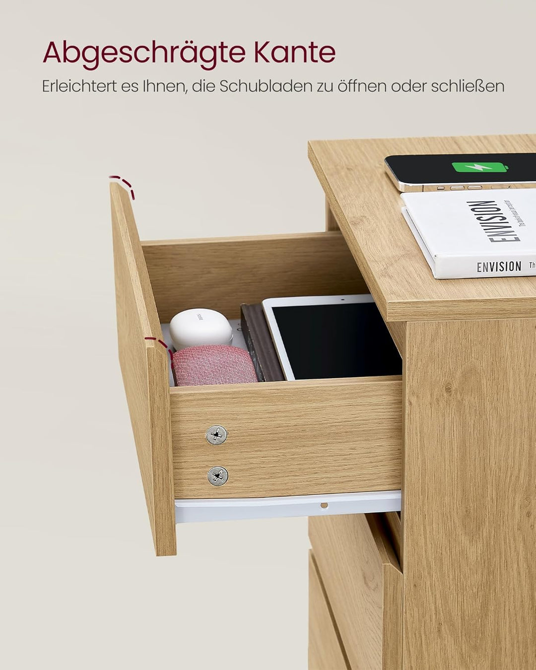 VASAGLE Kailyn Kollektion - Nachttisch mit Steckdosenleiste, 2er Set, Beistelltisch, 3 Schubladen, 2