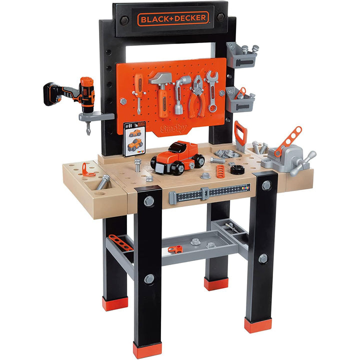Smoby - Black+Decker Werkbank Center - 92-teilig, mit mechanischem Akkuschrauber, Autobausatz, Werkz