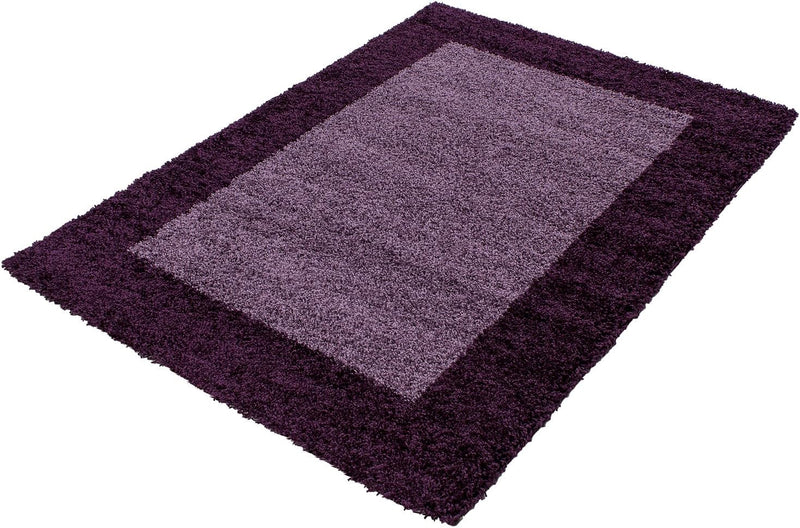 HomebyHome Teppich Wohnzinmer Shaggy Hochflor Lila Läufer 80x150 cm Bordüre Läufer Flur - Flauschige