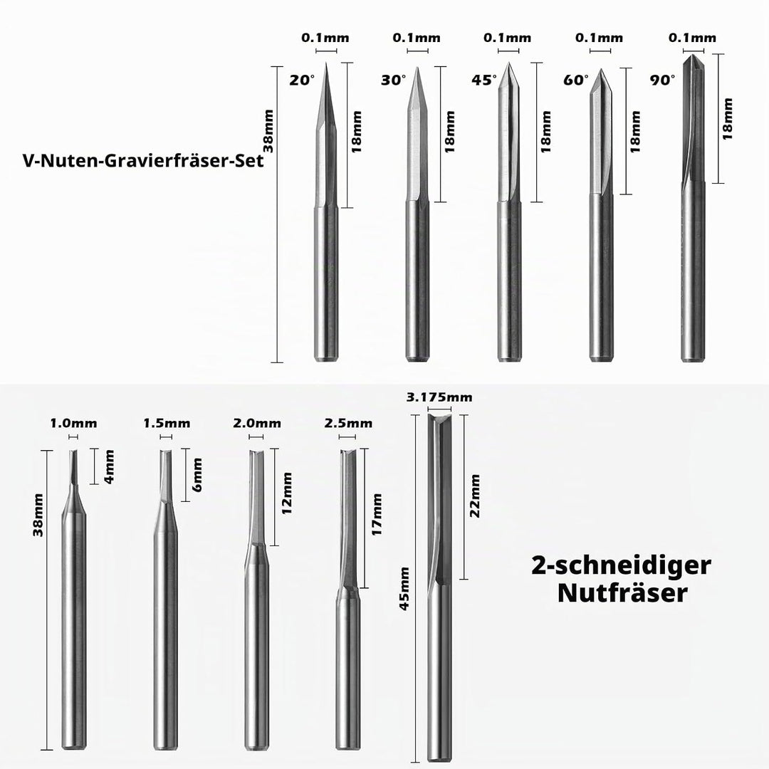 Genmitsu 50 Stück Hartmetall CNC Fräser-Satz, 1/8 Zoll Schaft 2-Flute Schaftfräser, Kugelfräser &amp; Sp