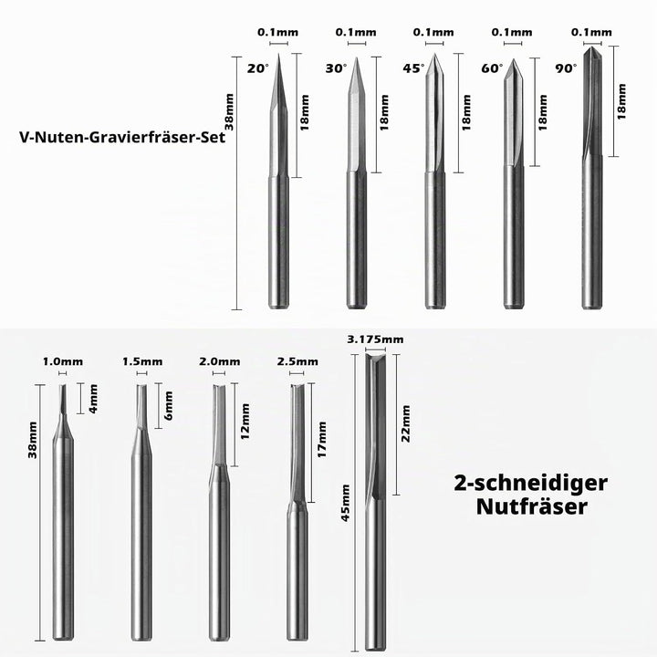 Genmitsu 50 Stück Hartmetall CNC Fräser-Satz, 1/8 Zoll Schaft 2-Flute Schaftfräser, Kugelfräser &amp; Sp