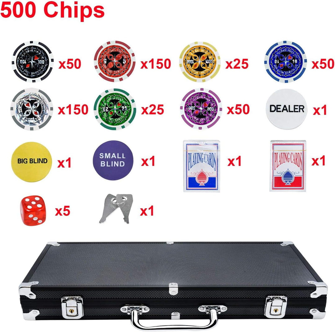AufuN Pokerkoffer 500 Chips Laser Pokerchips 12 Gramm Metallkern, inkl. 2X Pokerdecks, 5X Würfel, De