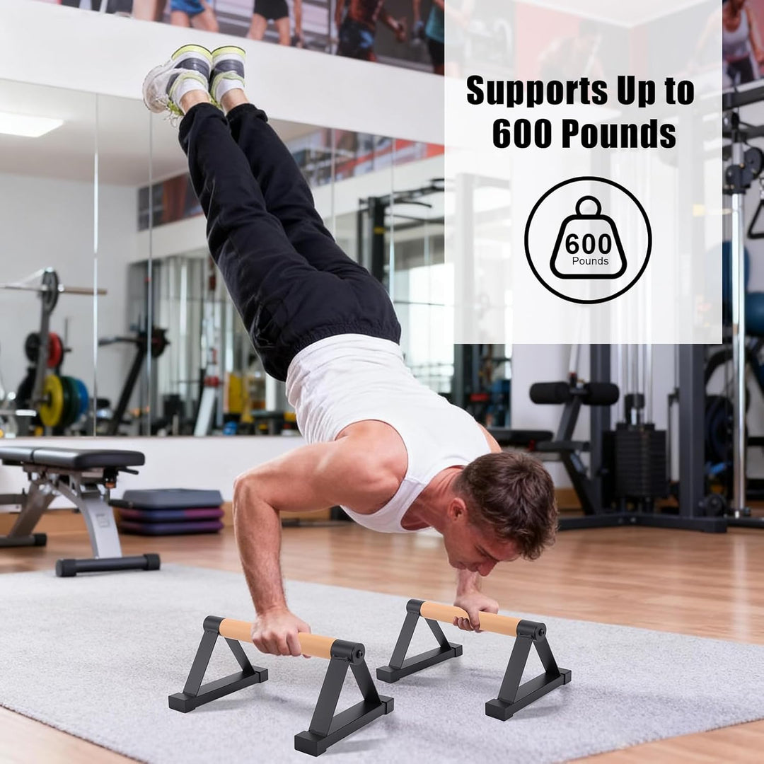 Parallettes Stäbe，Massivholz mit stabilem Metall Dreieck Halterung Push up Bars，Anti-Rutsch Handstan
