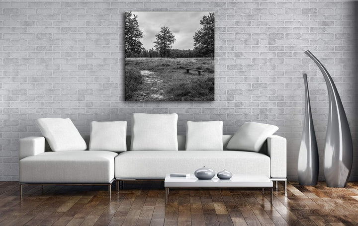deyoli einsame Bank im Wald Format: 70x70 Effekt: Schwarz&amp;Weiss als Leinwandbild, Motiv fertig gerah