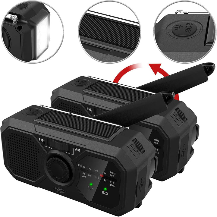infactory Solar Kurbelradio: 2er-Set Solar- & Dynamo-Koffer-Radio, LED, SOS, Powerbank-Funktion (Kur