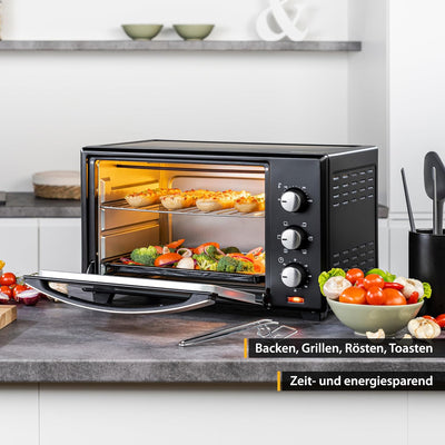 TZS First Austria - 30 Liter Minibackofen mit 1600 Watt schwarz| Unter-Oberhitze bis 230 Grad stufen