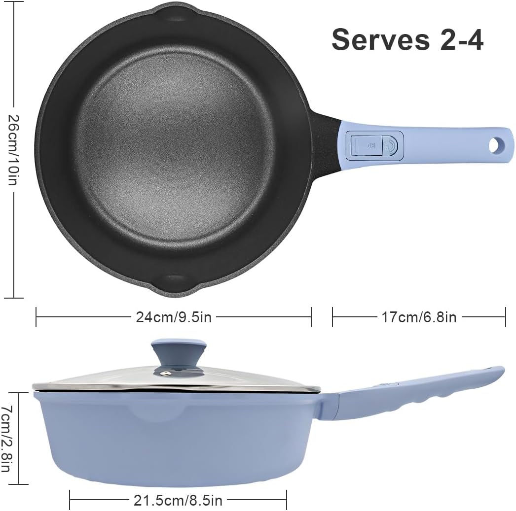 Pfanne 24cm mit Deckel, Aluminium Bratpfanne Hoher Rand mit Abnehmbarer Griff, Schmorpfanne 24 cm fü