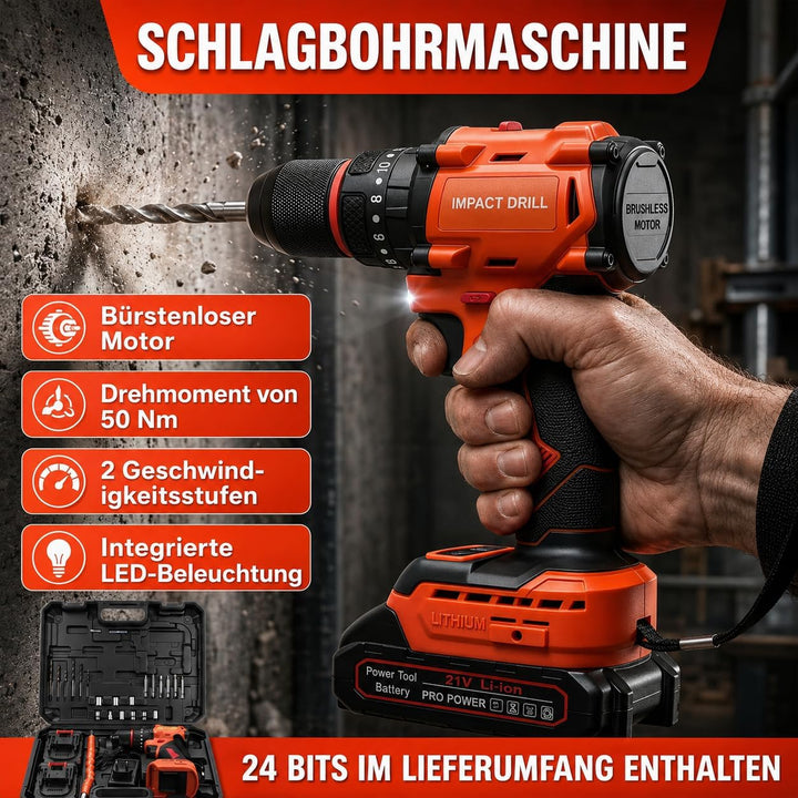 Akkuschrauber Set 21V, Bürstenloser Akku Bohrschrauber | Mit 2×1,5Ah Akkus, 45–50 Nm, 21+1 Drehmomen