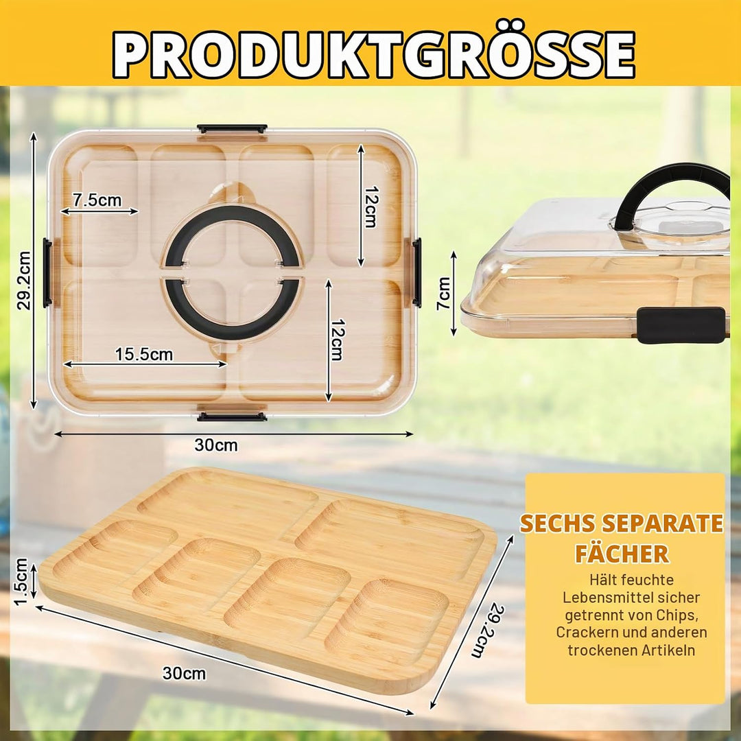 Charcuterie Board mit Deckel 36.7cm Servierbrett mit Griff Bambus Käsebrett mit Deckel Serviertablet