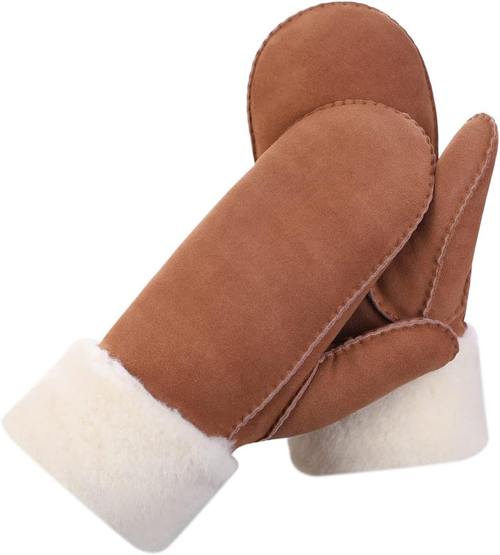 Damen Fäustlinge,Winter Schaffell Lammfell beheizte warme pelzige Stulpenhandschuhe Lederhandschuhe