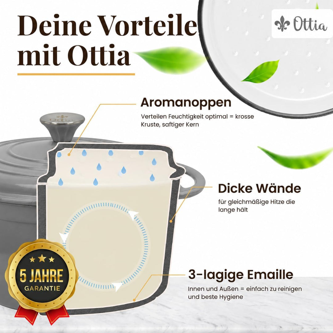 Ottia Gusseisen Topf [inkl. eBook] – Emaille Topf 26cm - Dutch Oven, Brotbackform, Brotbacktopf, Sch
