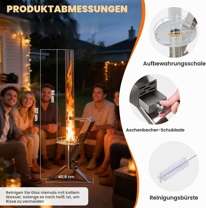 Feuerrohr, Edelstahl Feuersäule und Pelletfackel für Tolles Ambiente-Feuer,Reinigungsbürste incl