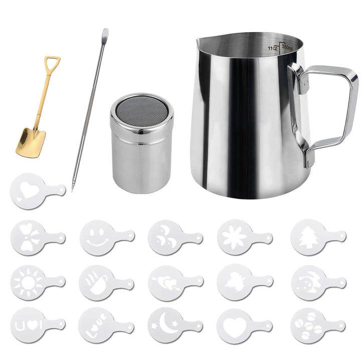 Milchaufschäumkännchen Mit 1 Goldener Quadratischer Dessertlöffel, 350 ml, 12 Unzen, Edelstahl-Milch