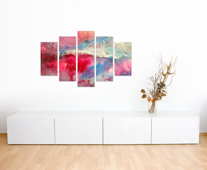 Sinus Art Wandbild 5 teilig Breite 150cm x Höhe 100cm Handgemaltes buntes Aquarell auf Leinwand für