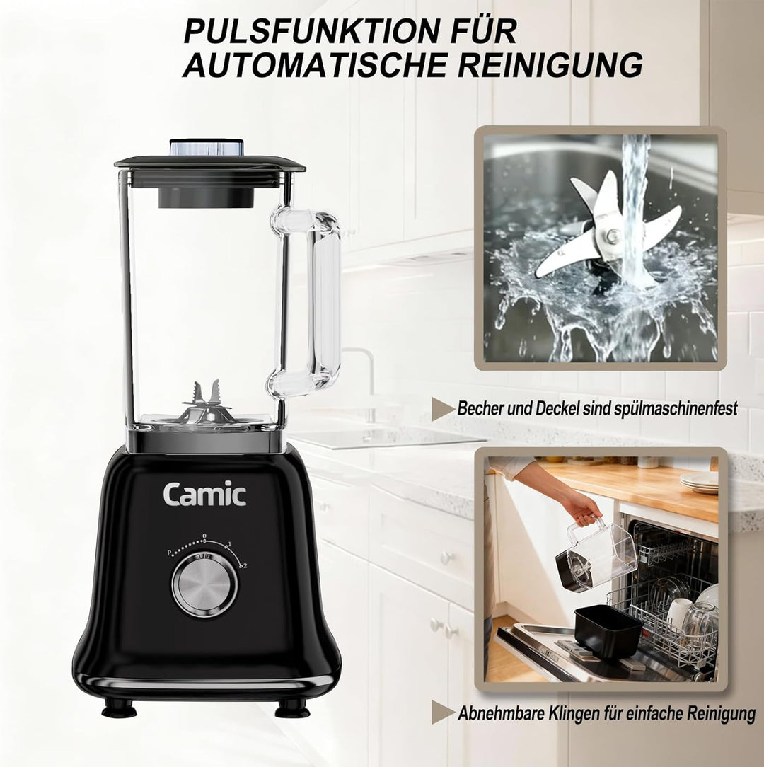 Camic Standmixer 1200W Hochleistungsmixer 3-in-1 mit 1,6L Glasbehälter Mixer & 400ml Reisebecher & 2