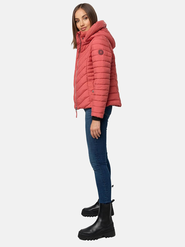 MARIKOO Damen Übergangsjacke leichte Steppjacke kurz mit abnehmbarer Kapuze Kagomee XS-XXL S Rouge,
