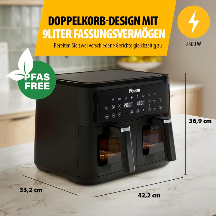 Tristar Doppelkorb-Heissluftfritteuse, 9 L Kapazität, 10 Programme, Sync-Funktion, Digitales Display