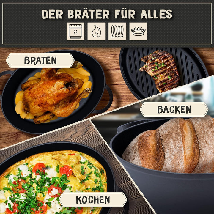 FLAVEMOTION Gusseisen Bräter mit Deckel als Grillpfanne (2in1) 35cm, 9,1L, 8,5kg - Topf, Schmortopf