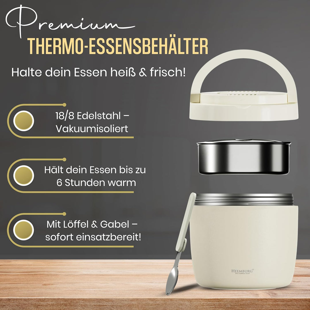 HEEMBURG Thermobehälter für Essen, Henkelmann 1L, Edelstahl, Doppelwand isoliert, Lunchbox Warmhalte