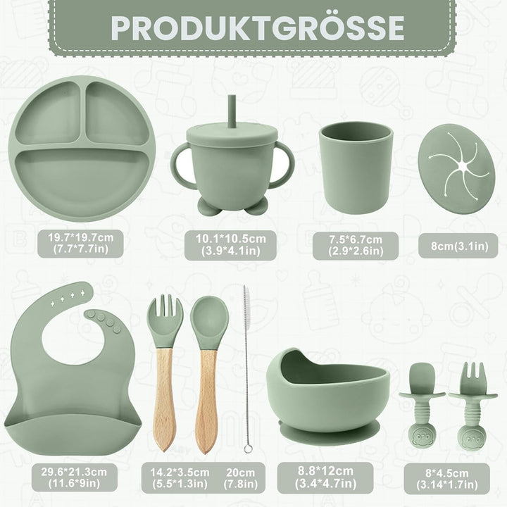 Baby Geschirrset,12er Set Kindergeschirr, Babylöffel,Trinklernbecher,Silikon Lätzchen,Baby Teller Ki