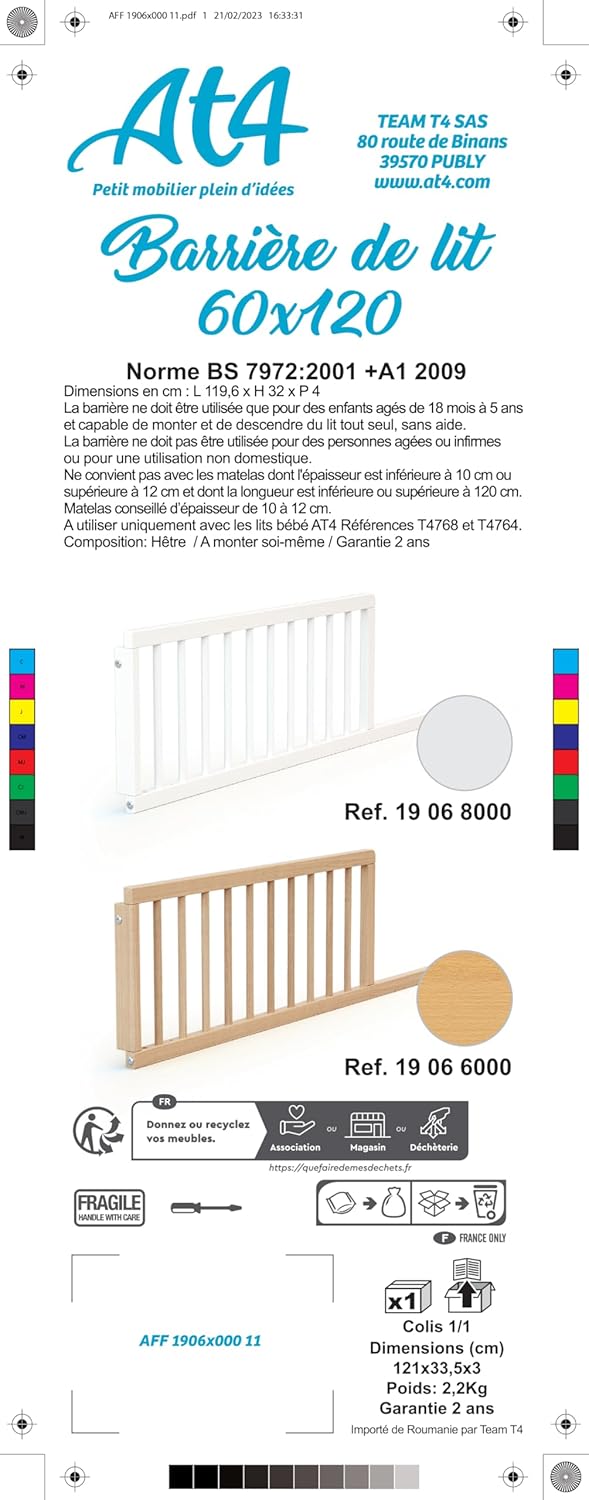 AT4 – Babybettgitter 120 cm FESTIVEE Weiss – 120 x 32 x 4 cm | Einfach zu installieren | MassivHolz,