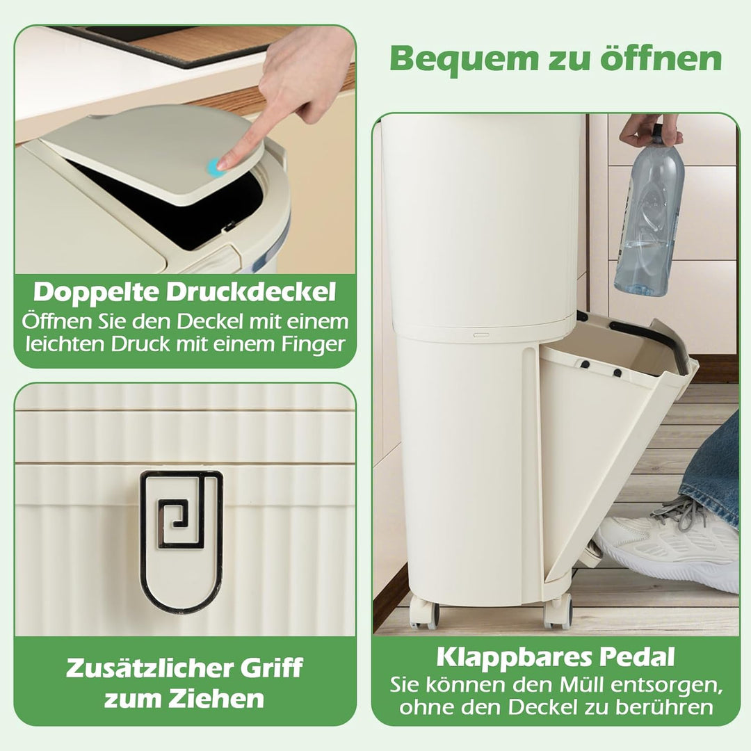 COSTWAY Mülleimer Küche, Mülltrennsystem 3 Fächer, 2 x 12L Inneneimer & 14L Treteimer, Abfalleimer m