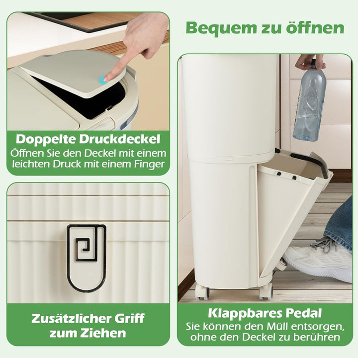 COSTWAY Mülleimer Küche, Mülltrennsystem 3 Fächer, 2 x 12L Inneneimer & 14L Treteimer, Abfalleimer m