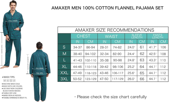 Amaxer 100% Baumwolle Herren Flanell Pyjamas Set Herren Pyjamas Home Fashion Pyjamas Langarm Hosen S