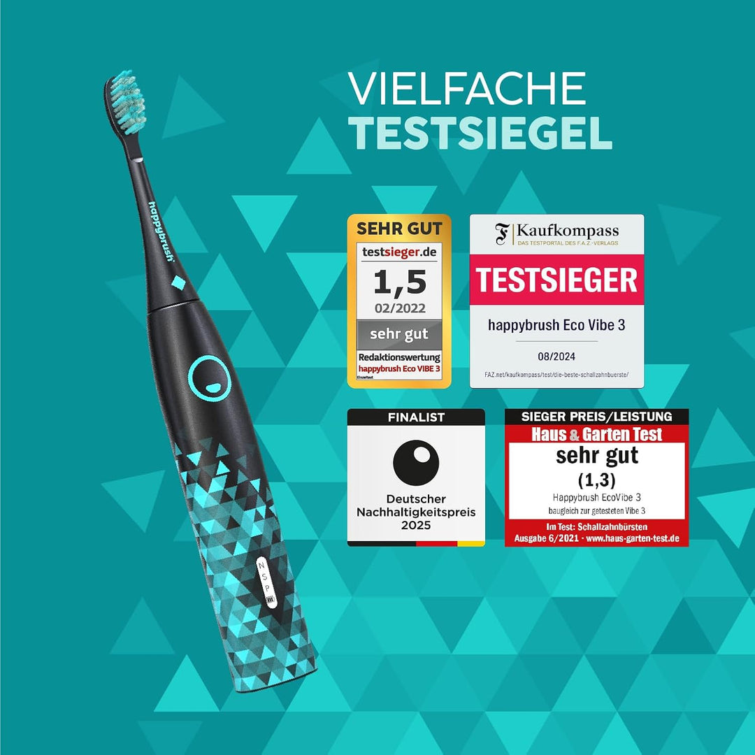 happybrush® Elektrische Schall-Zahnbürste Eco VIBE 3 - Nachhaltige Zahnbürste mit 6 Wochen Power-Akk
