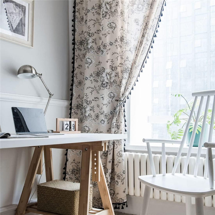 Boho Vintage Gardinen mit Quaste Halbverdunkelungsvorhänge mit Ösen Baumwolle Leinen Dekoschal für W