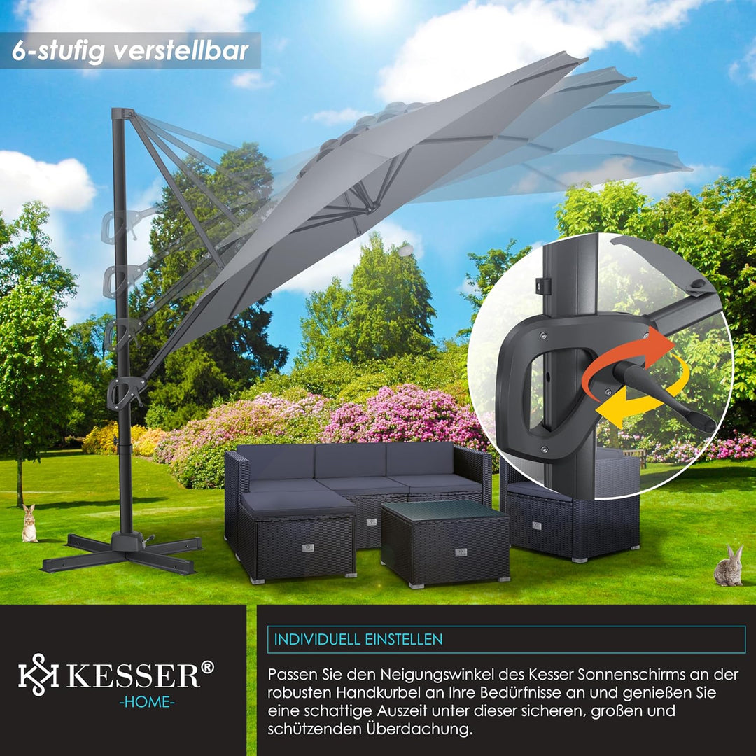 KESSER® Sonnenschirm Ampelschirm Sun Rund XL Ø330 cm Inkl. Abdeckung + Windsicherung 7-Fach Verstell