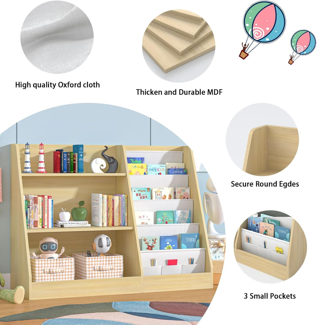 Kinderregal mit 4 Ablage und 3 offenen Fächern, Bücherregal für Kinder, Kinderzimmerregal, Bücherreg