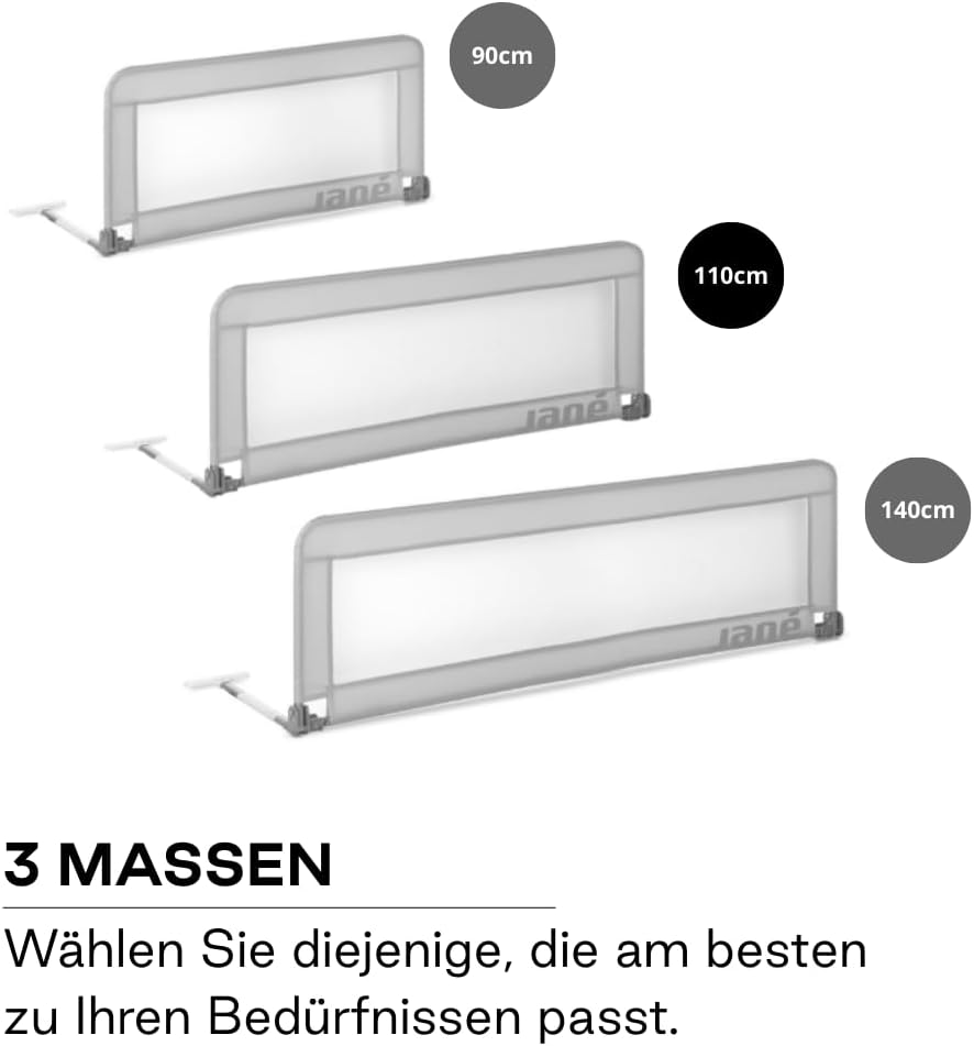 Jané - Klappbares Bettgitter, Länge 110 cm, Transporttasche, extra hoch 110 cm Grau, 110 cm Grau