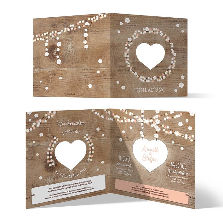 10 x Lasergeschnittene Hochzeit Einladungskarten Hochzeitseinladungen - Holz Lichtgirlande, 10