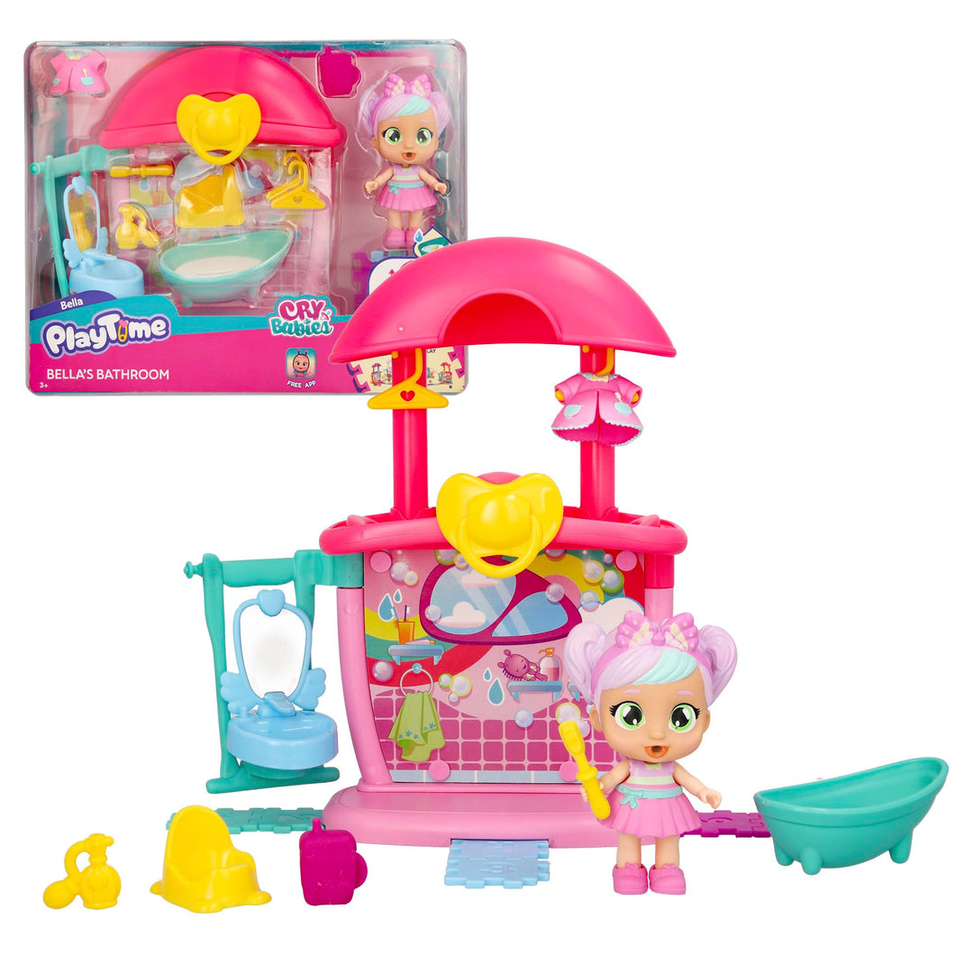 Cry Babies Playtime Day Care Bella's Bathroom, erweiterbares Mini-Puppenhaus-Spielset Badezimmer mit