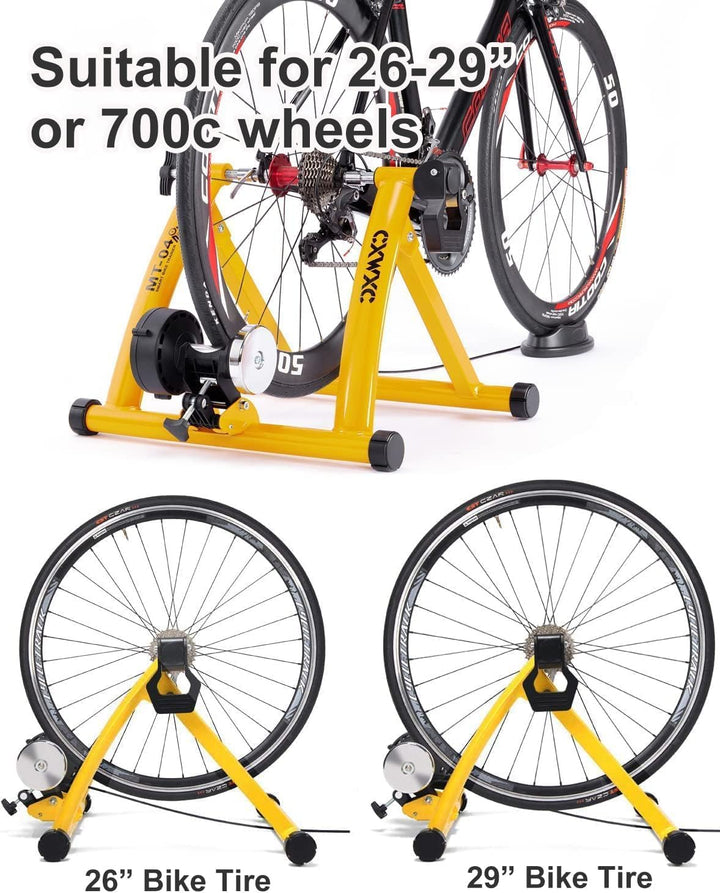 CXWXC Fahrrad Rollentrainer, Klappbar Stahl Bike Trainer mit Schnellspanner Vorderradunterlage Radtr