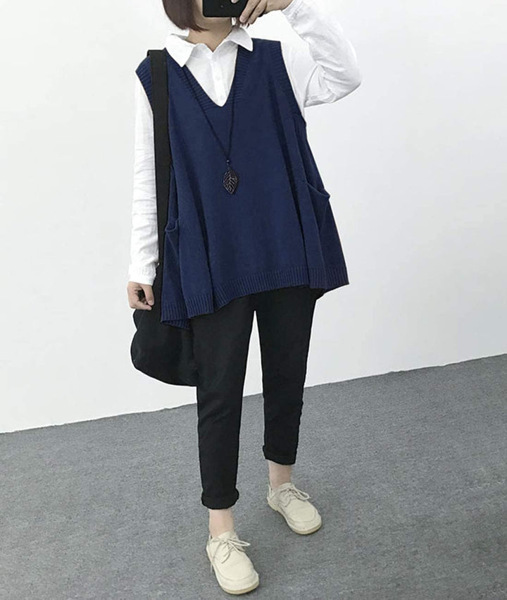 Janein Damen Pullunder ärmellos V Ausschnitt Stricken Weste Oversize Strickweste Beheizbare Tank Top