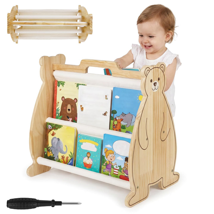 Montessori Bücherregal Kinder, Doppelseitiges Holzregal mit Tragegriff | Tragbares Holz Montessori B