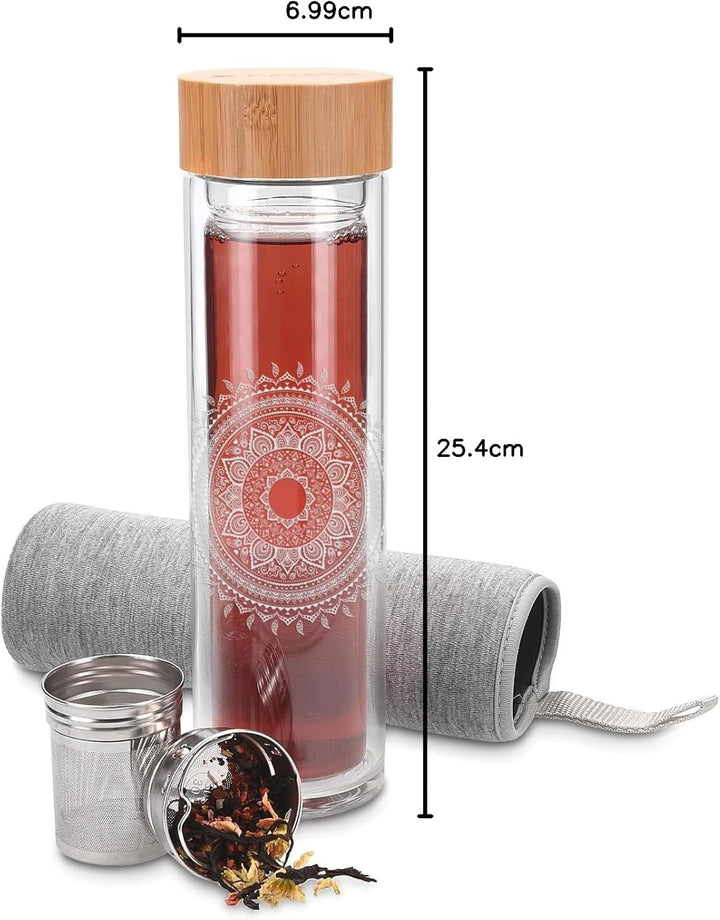 Navaris Teeflasche aus Glas mit Sieb - 500ml Tee Flasche Teekanne to go - Trinkflasche Indische Sonn