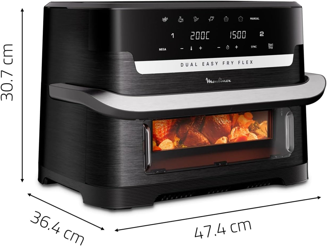Moulinex Dual Easy Fry Flex, Luftfritteuse mit FlexCook Trennwand, 9 l Fassungsvermögen für bis zu 8