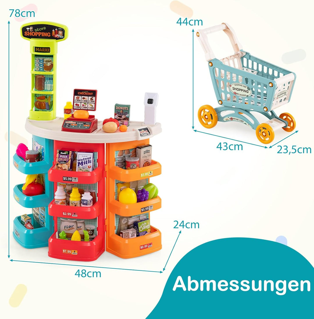 COSTWAY Kaufladen mit Einkaufswagen, Kinder Kaufmannsladen mit Waage, Regalen, Scanner mit Licht & S