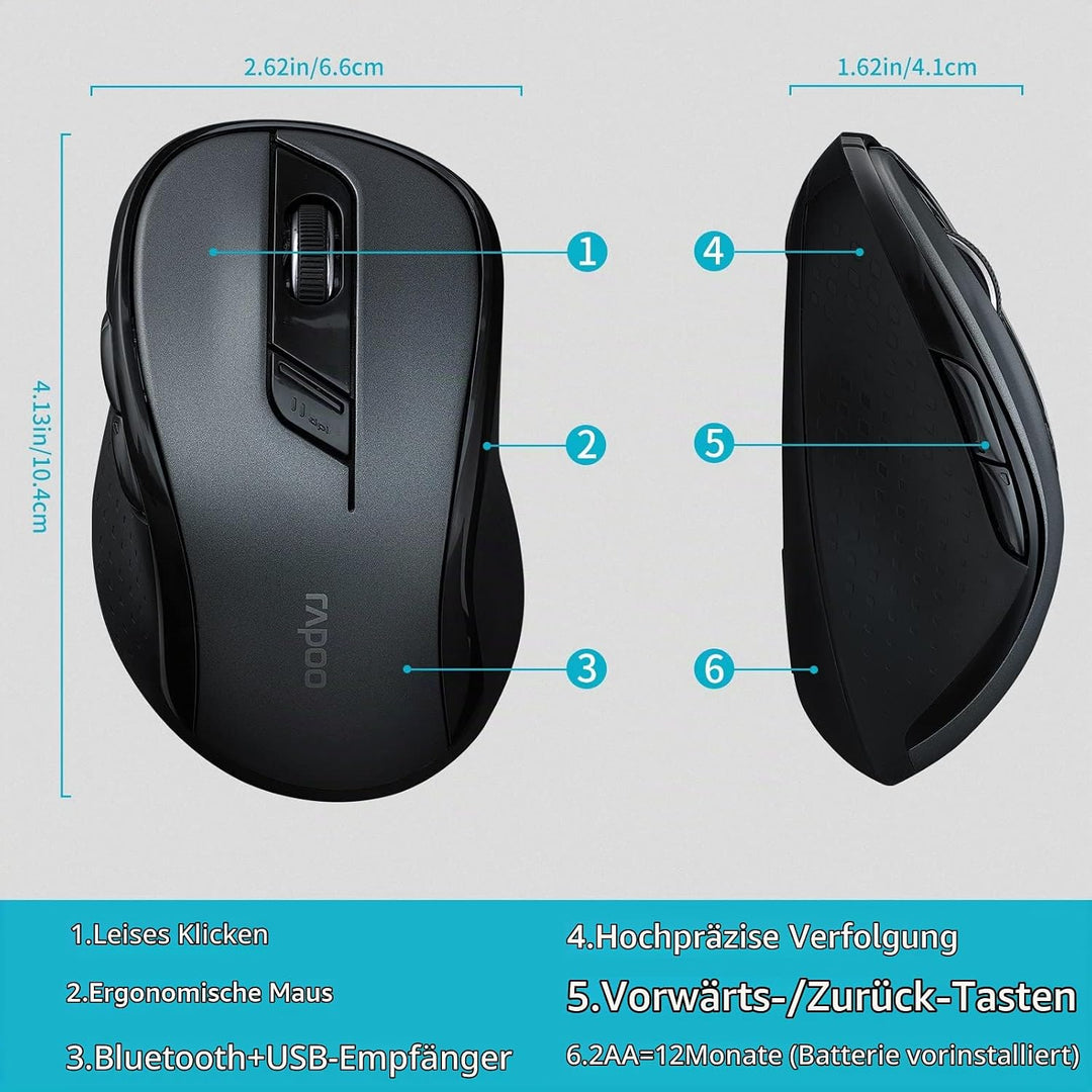 Rapoo M500 Silent kabellose Maus wireless Mouse 1600 DPI Sensor 12 Monate Batterielaufzeit leise Tas