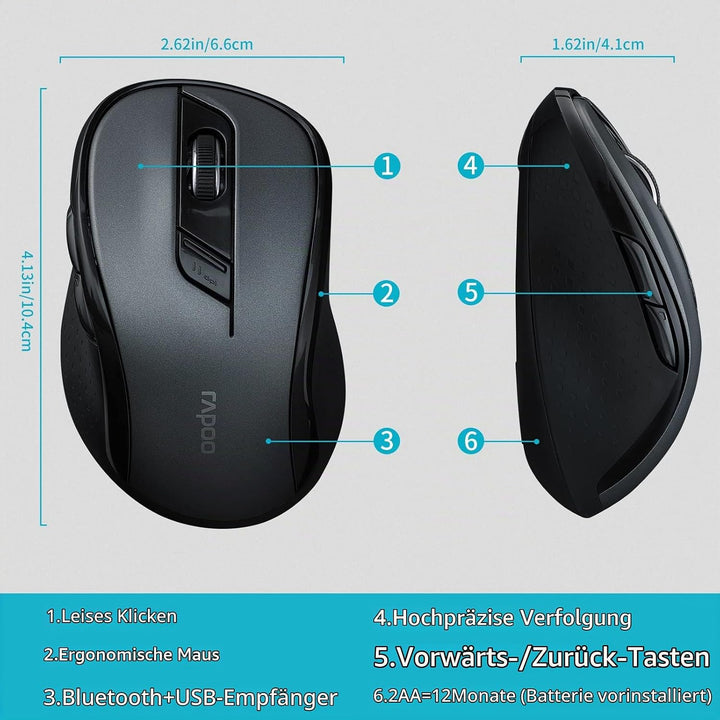 Rapoo M500 Silent kabellose Maus wireless Mouse 1600 DPI Sensor 12 Monate Batterielaufzeit leise Tas