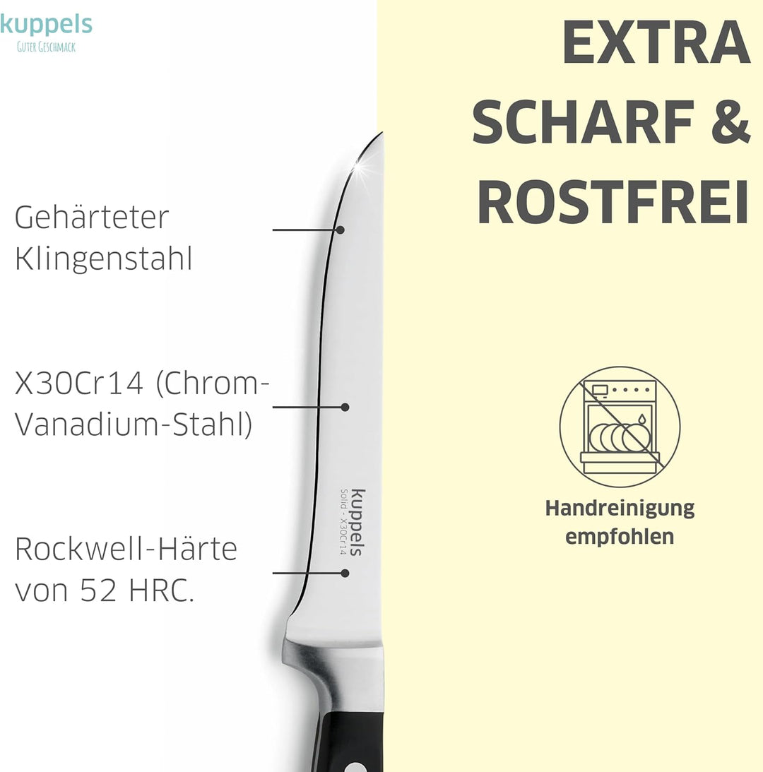 KUPPELS Solid Ausbeinmesser | Ergonomischer Griff Schwarz | Schmale Klinge | Integrierter Fingerschu